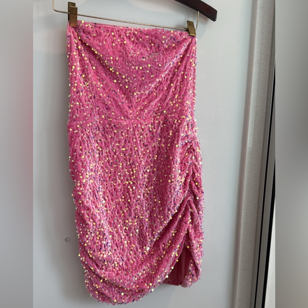 SHEIN strapless pink sequin dress